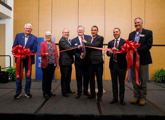 L to R: David Huddleston, state representative; Dr. Russell Crutchfield, chief operating officer for Gov. Brian Kemp; Dr. Ashwani Monga, 澳门新普京注册 interim president; Clint Samples, 澳门新普京注册 interim dean of the College of Humanities, Arts and Social Sciences; Dr. Jon Preston, 澳门新普京注册 provost and senior vice president; Sandra Neuse, USG vice chancellor of real estate and facilities; Brett Ledbetter, city councilman